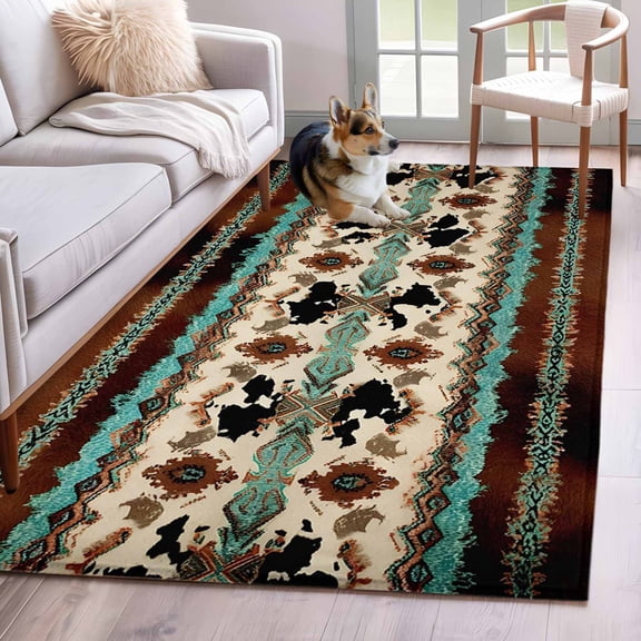 Boho Cowhide Washable Area Rug 4x6 Western Aztec Tribal Green Brown Cow Texture Low-Profile Large Area Rugs with Non Slip Backing Indoor Floor Carpet for Entrance Living Room Bedroom Home Office
