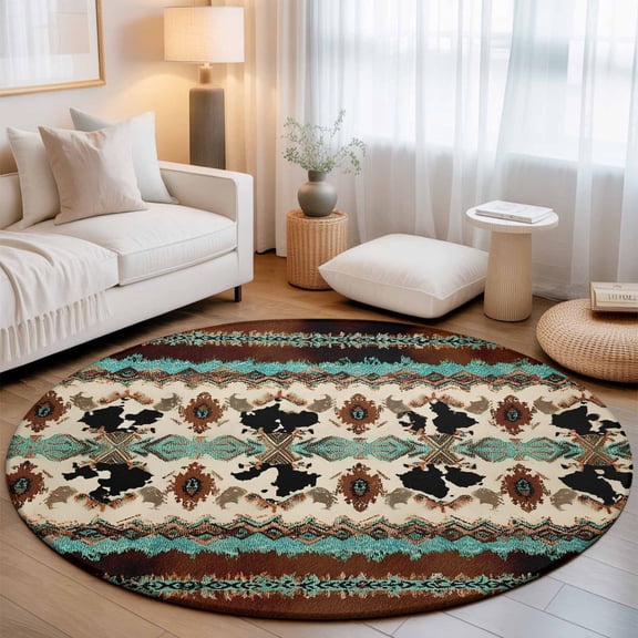 Boho Cowhide Washable Round Area Rug 3 ft, Western Aztec Tribal Green Brown Cow Texture, Soft Non Slip Rugs Stain Repellent Indoor Felt Carpet for Living Dining Room Bedroom Home Office
