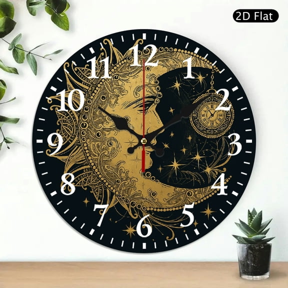 Boho Crescent Moon Sun Mandala Wall Clock Silent Non Ticking Wall Clocks Battery Operated Round Wall Decor for Bathroom Kitchen Bedroom 10 in