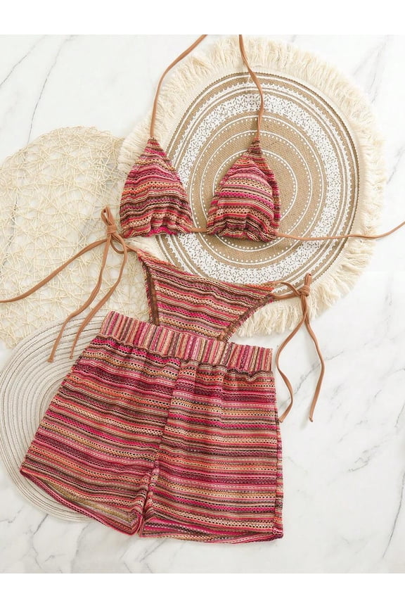 Boho Crochet 3-Piece Swimsuit Set with Drawstring Bikini Top and Shorts for Summer Beach Vacation