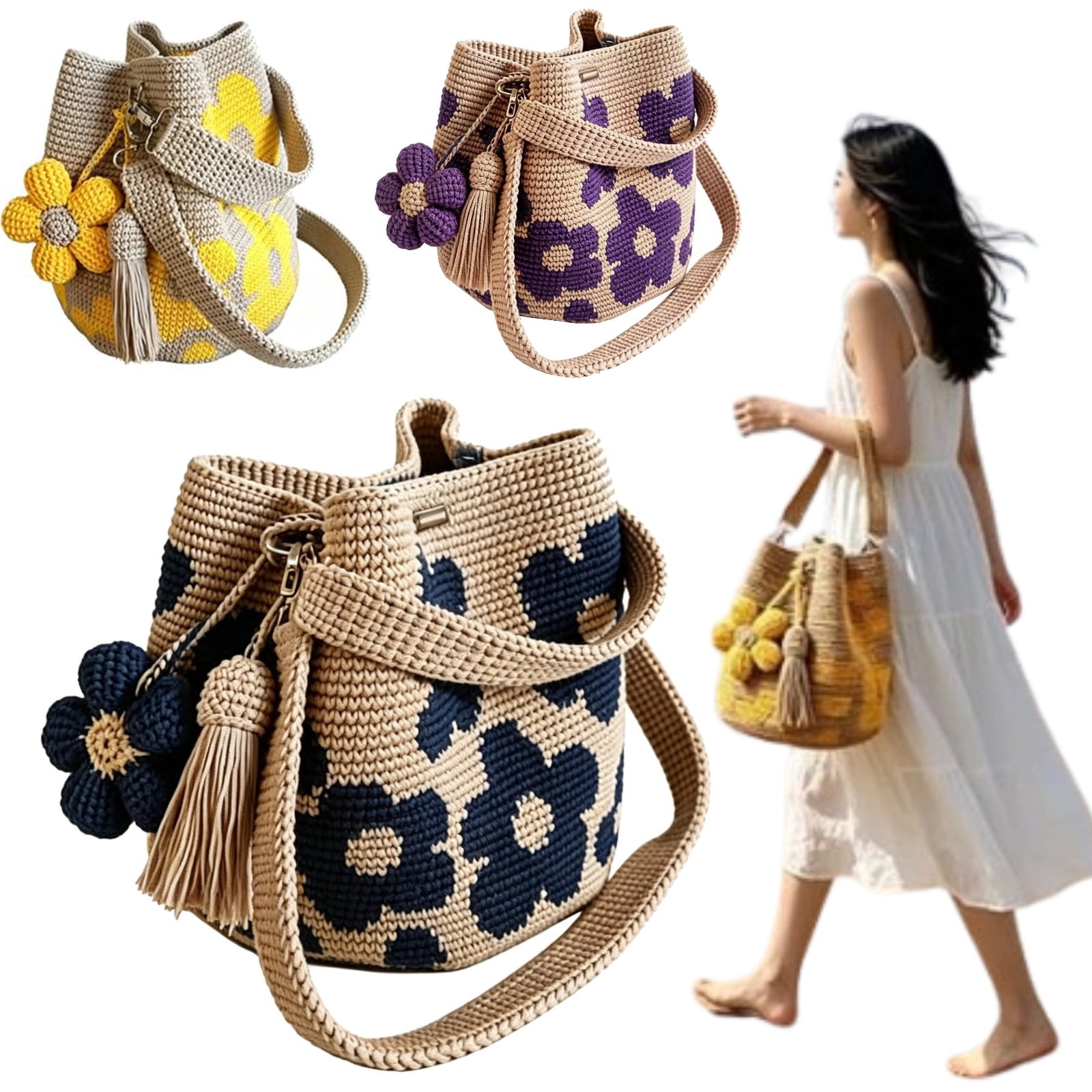 Boho Crochet Beach Bag with Cute Crochet Flower, Preppy Knit Tote Bag for Women Summer Vacation Travel, Black