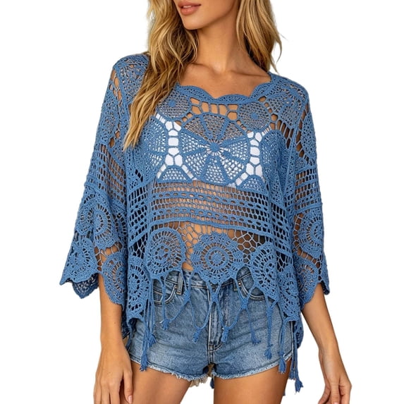 Boho Crochet Coverup Tops for Women Fringe Trim Hollow Out Beach Cover Up 3/4 Sleeve Scallop Bathing Suit Cover Up Summer Vacation