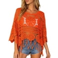thumbnail image 1 of Boho Crochet Coverup Tops for Women Fringe Trim Hollow Out Beach Cover Up 3/4 Sleeve Scallop Bathing Suit Cover Up Summer Vacation, 1 of 9