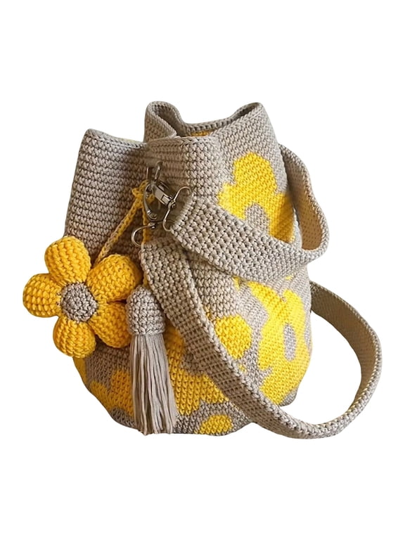 Boho Crochet Crossbody Bag with Detachable Flower - Handmade Crochet Shoulder Purse - Casual Mini Shoulder Purse - Stylish Handbag for Women Daily Use Holiday Gift(Orange)