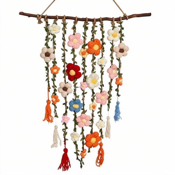 Boho Crochet Flower Wall Hanging, Handmade Cascading Floral Vines Wall Decor with Tassel Accents & Driftwood Rod, Farmhouse Bohemian Wall Art for Bedroom Living Room Home Decor