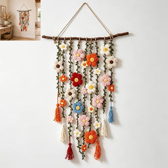 Boho Crochet Flower Wall Hanging, Handmade Cotton Floral Macrame Cascading Flower Bohemian Tapestry, Wall Decor for Bedroom Living Room Farmhouse