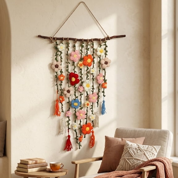 Boho Crochet Flower Wall Hanging, Handmade Floral Macrame Wall Decor with Cascading Crochet Flowers, Boho Farmhouse Decor for Farmhouse Bedroom Living Room