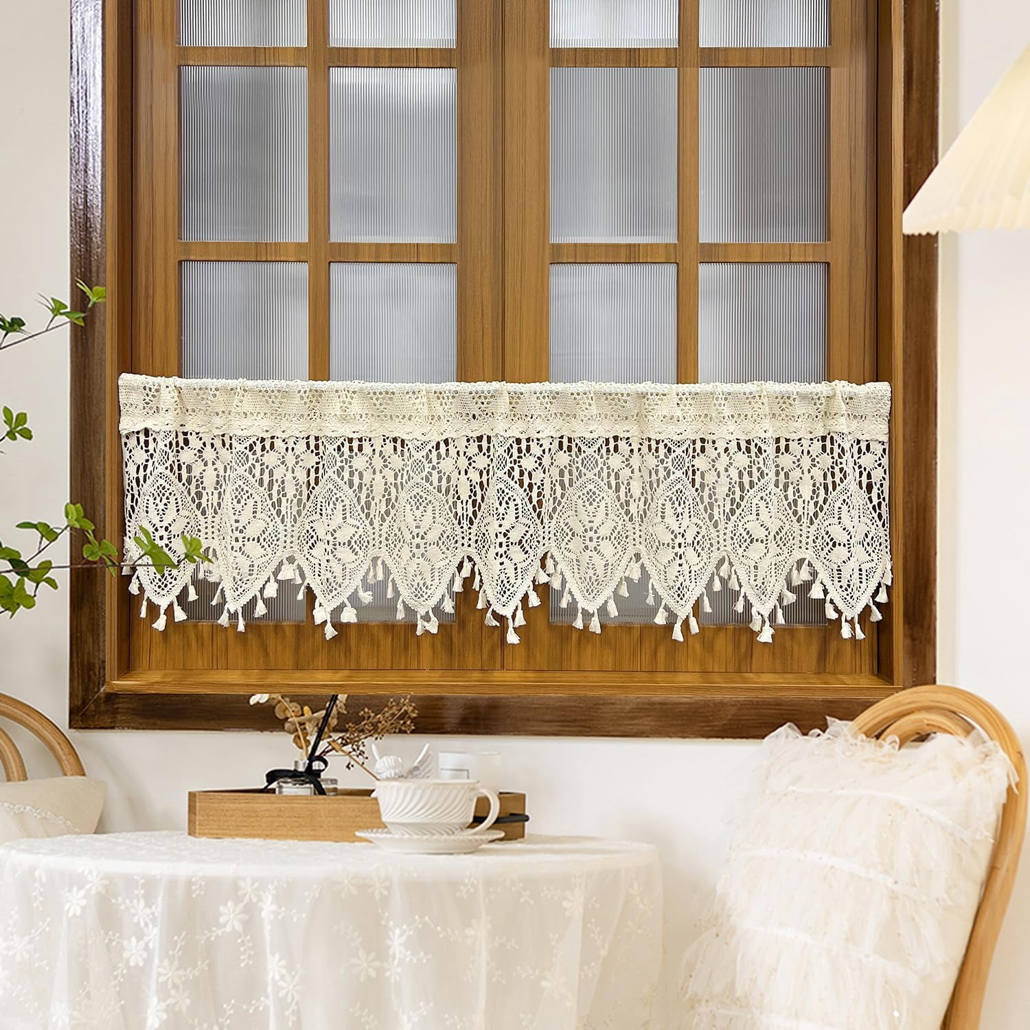 Boho Crochet Lace Sheer Curtain Valance for Kitchen Windows Vintage ...