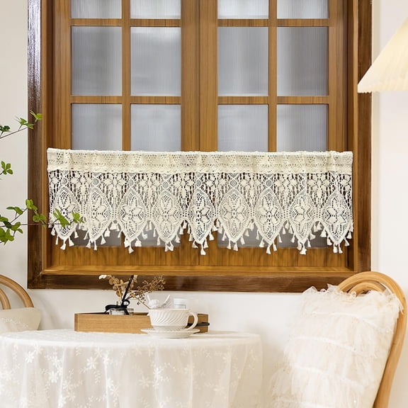 Boho Crochet Lace Sheer Curtain Valance for Kitchen Windows Vintage Macrame Valances for Dining Room Living Room Farmhouse Rustic Crochet Valance Rod Pocket 1 Panel (W35 L15 inch,Beige)