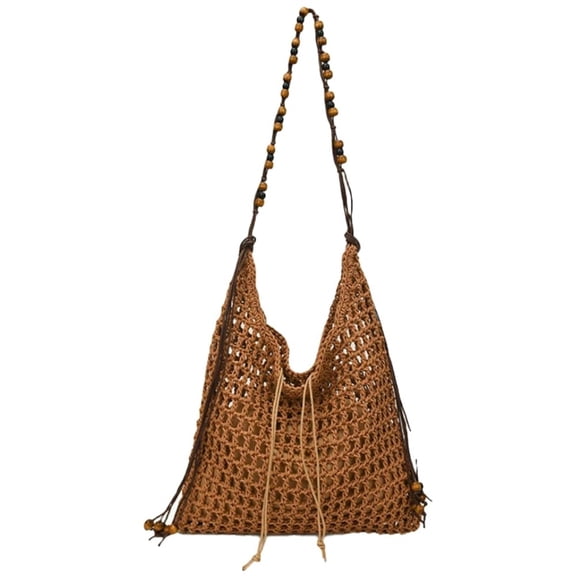 Boho Crochet Raffia Summer Beach Handbag Women's Beaded Macrame Armpit Shoulder Bag Large Mesh Crossbody Hobo Purse