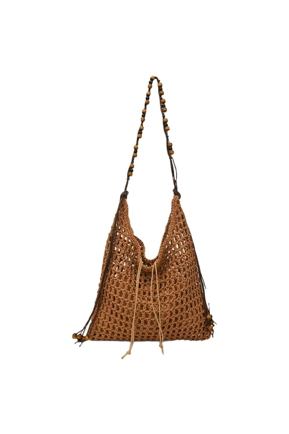 Boho Crochet Raffia Summer Beach Handbag Women's Beaded Macrame Armpit Shoulder Bag Large Mesh Crossbody Hobo Purse