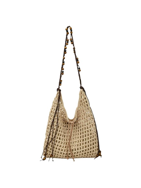 Boho Crochet Raffia Summer Beach Handbag Women's Beaded Macrame Armpit Shoulder Bag Large Mesh Crossbody Hobo Purse