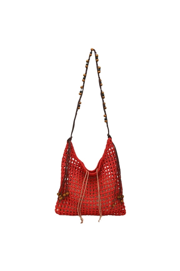 Boho Crochet Raffia Summer Beach Handbag Women's Beaded Macrame Armpit Shoulder Bag Large Mesh Crossbody Hobo Purse