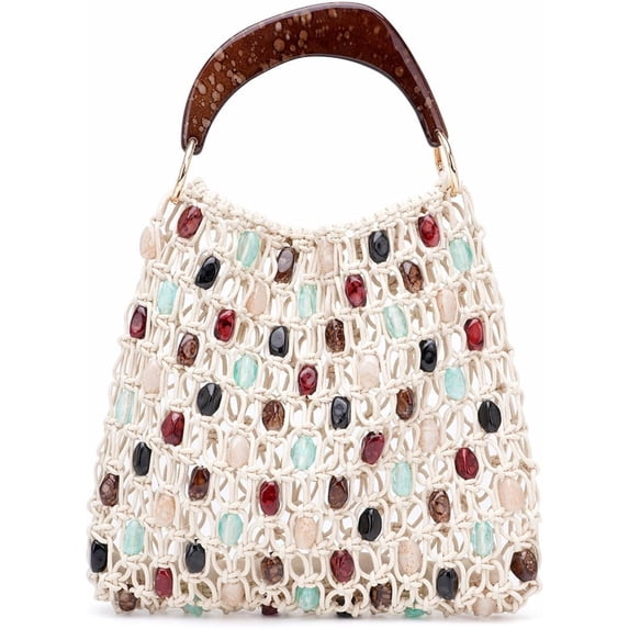 Boho Crochet Shoulder Bag for Women, Colorful Beaded Beach Tote Handbag Lightweight Summer Knit Hobo Purse &Travel Organizer
