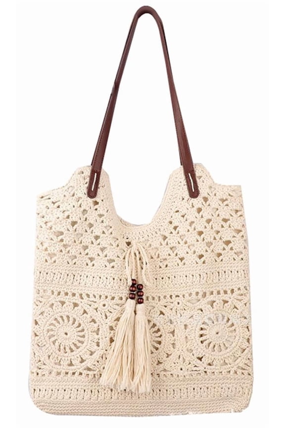 Boho Crochet Summer Beach Tote Handmade Cotton Rope Macrame Knit Shoulder Bag for Women Slouchy Hobo