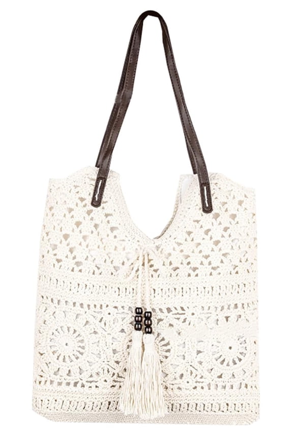 Boho Crochet Summer Beach Tote Handmade Cotton Rope Macrame Knit Shoulder Bag for Women Slouchy Hobo
