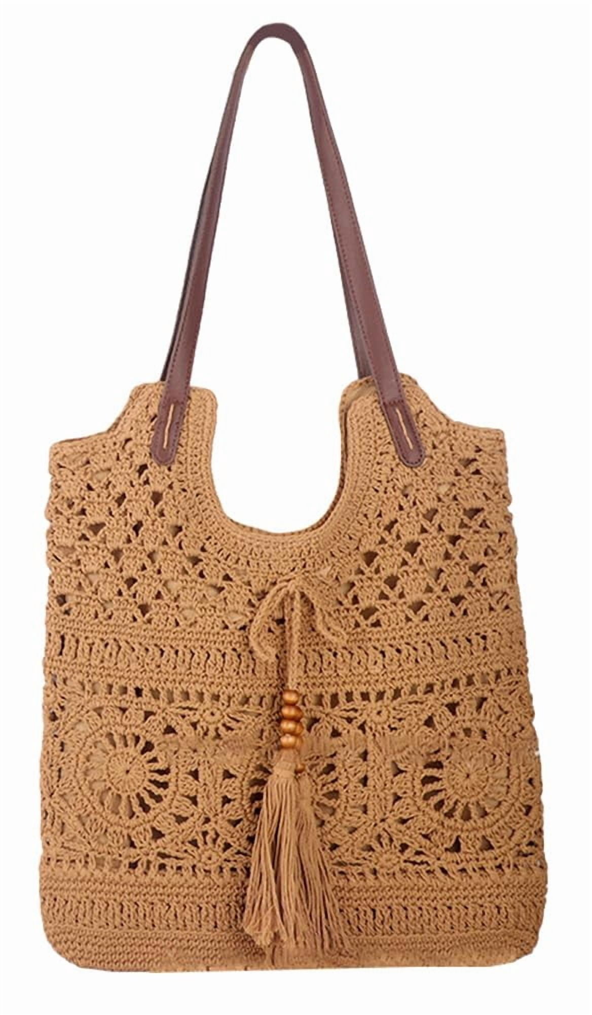 Boho Crochet Summer Handbag Handmade Cotton Rope Knit Shoulder Bags for Women Bohemia Tote for Travel Straw Hobo Bag