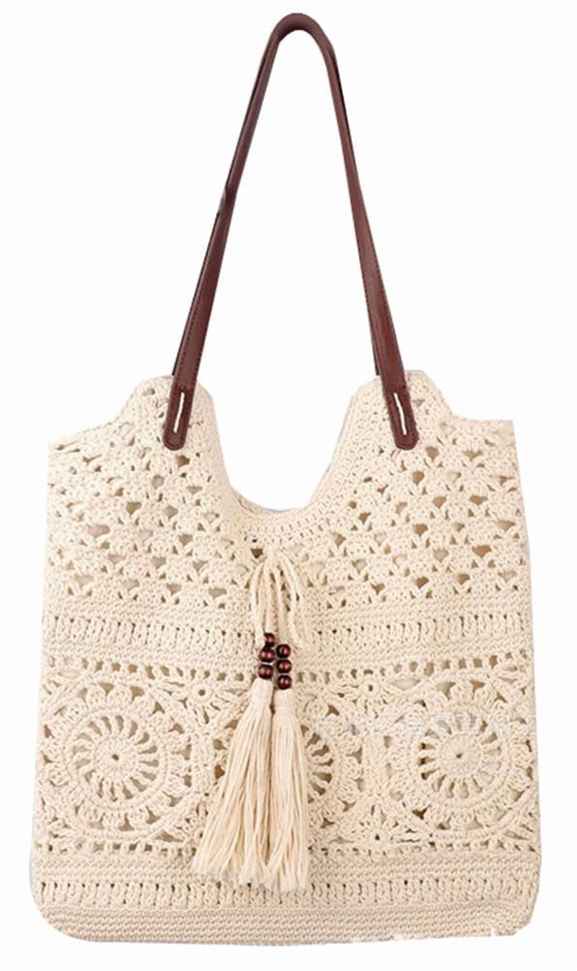 Boho Crochet Summer Handbag Handmade Cotton Rope Knit Shoulder Bags for Women Bohemia Tote for Travel Straw Hobo Bag