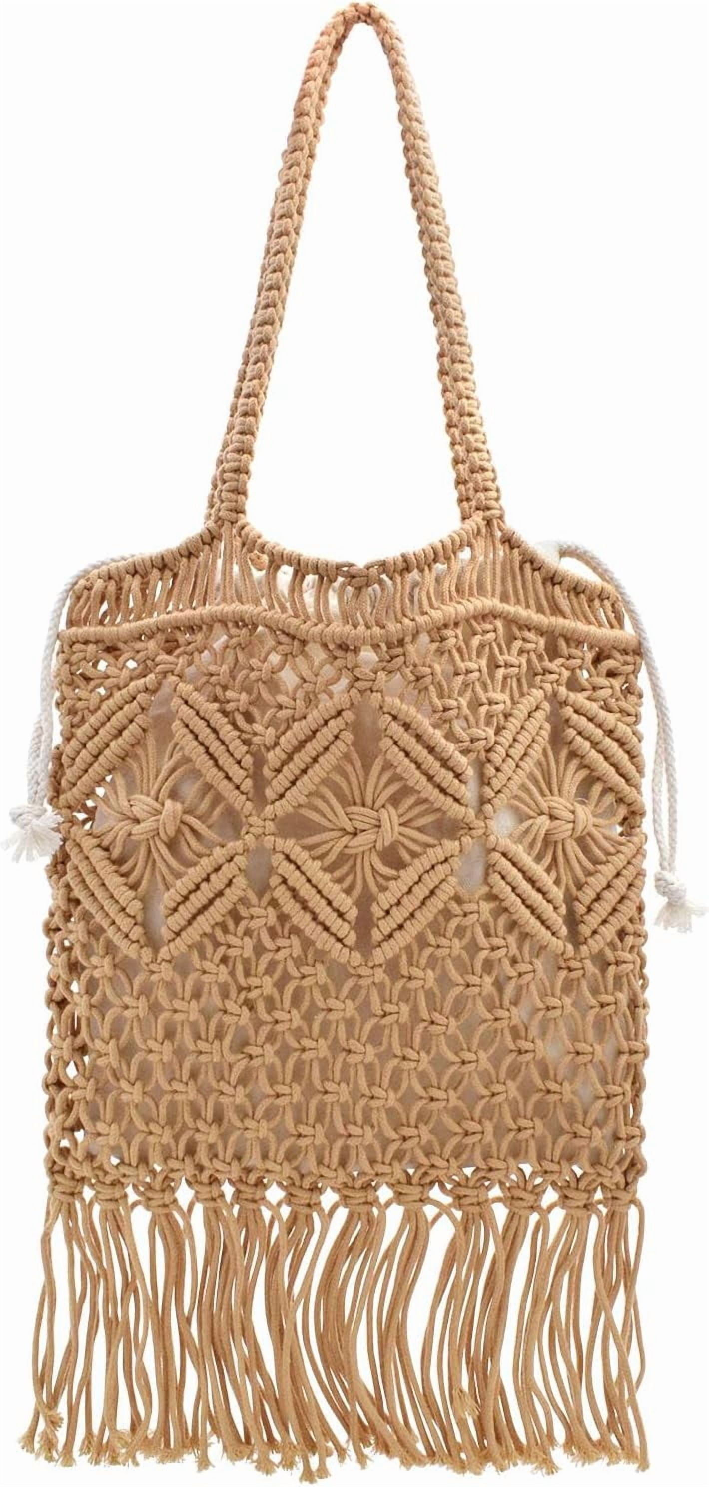 Boho Crochet Summer Handbag Handmade Cotton Rope Knit Shoulder Bags for Women Bohemia Tote for Travel