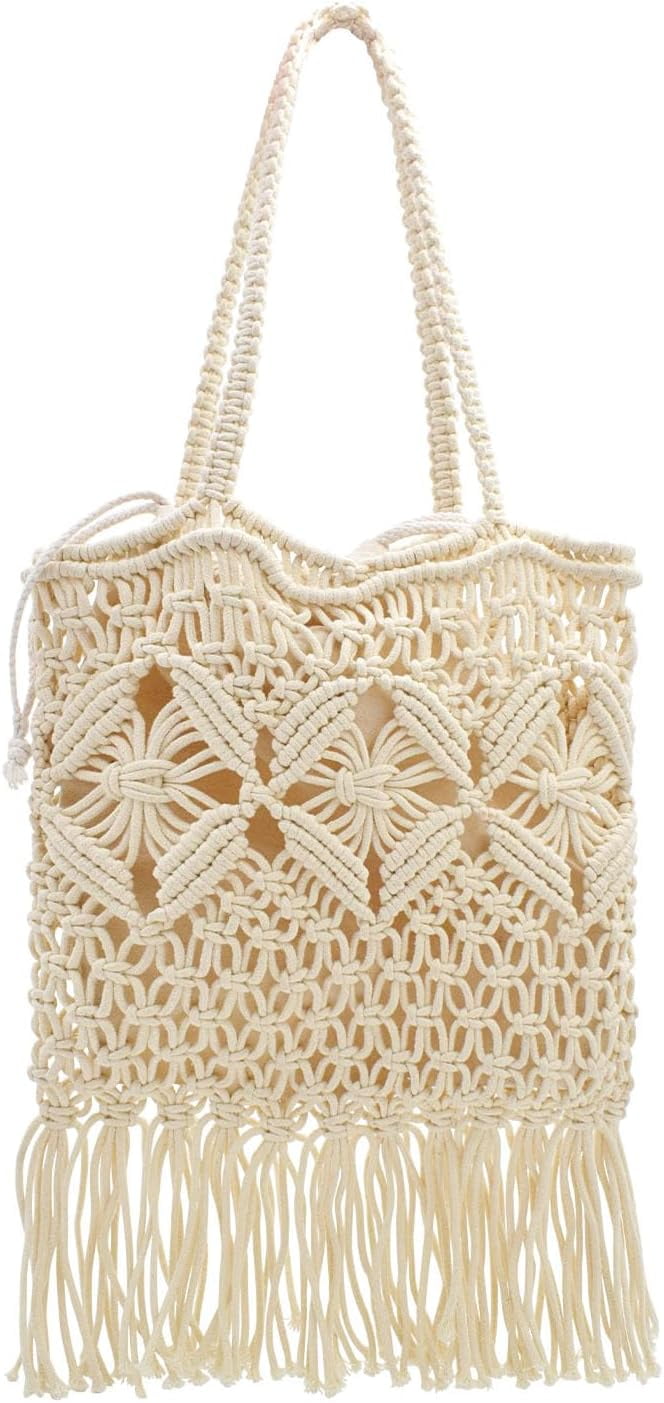 Boho Crochet Summer Handbag Handmade Cotton Rope Knit Shoulder Bags for Women Bohemia Tote for Travel