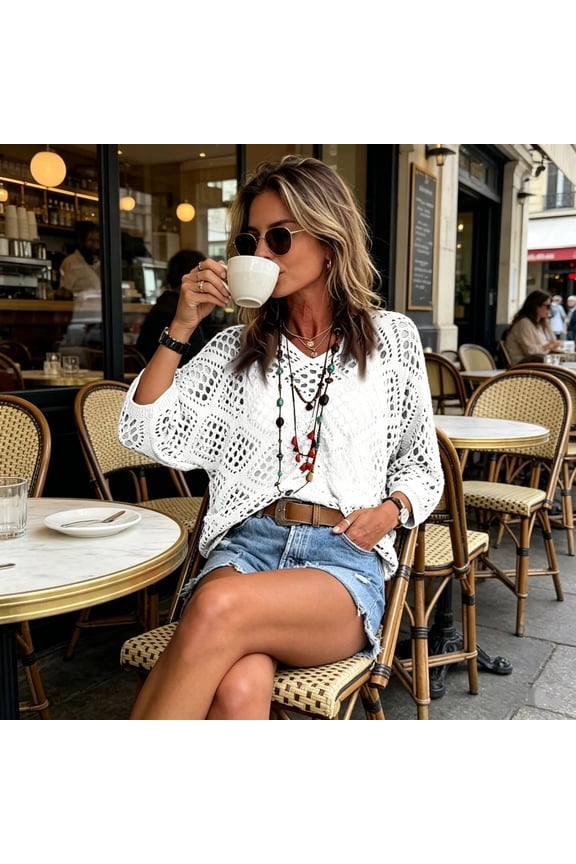 Boho Crochet Sweaters for Women Spring Summer Diamond-shaped Hollow Out V Neck Batwing Sleeve Cute Beach Knit Pullover Tops