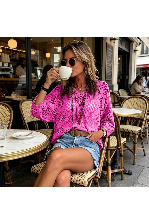 Boho Crochet Sweaters for Women Spring Summer Diamond-shaped Hollow Out V Neck Batwing Sleeve Cute Beach Knit Pullover Tops