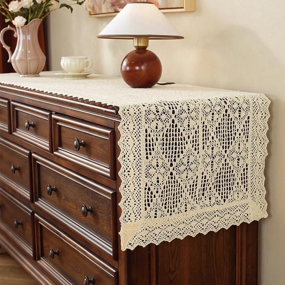 Boho Crochet Table Runner, Vintage Macrame Long Table Runner