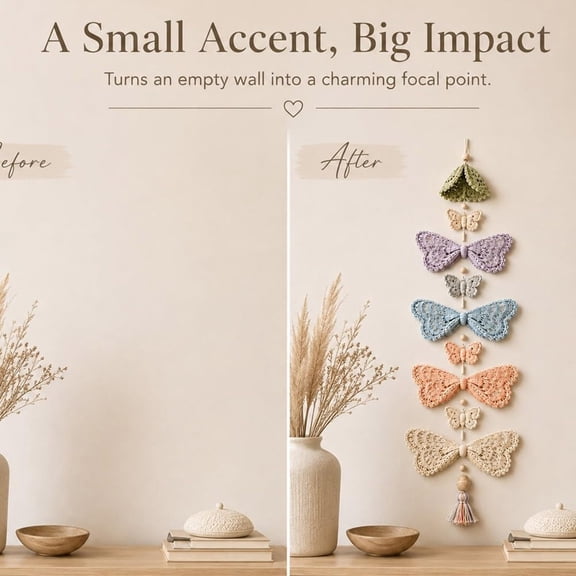 Boho Crochet Wall Hanging Kit, Butterfly Floral Macrame Decor, DIY Yarn Craft Set, For Bohemian Indoor Wall Art, Home Bedroom Decoration