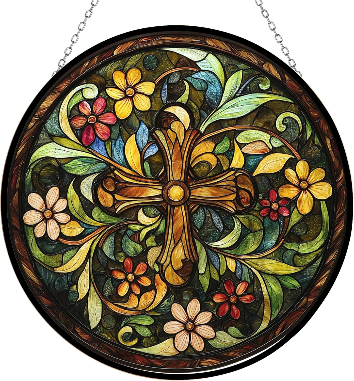 Boho Cross with Vibrant Floral Patterns Stained Glass Sun Catcher, Wall