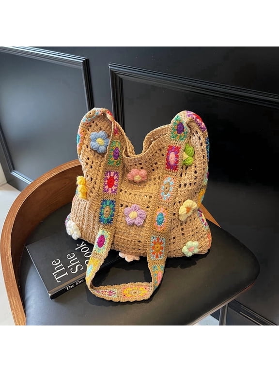 Boho Crossbody Bag Crochet Purse - Hollow Out Knit Shoulder Tote for Women, Summer Beach Handbag Lightweight (Beige)