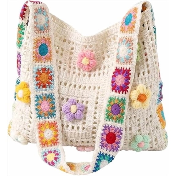 Boho Crossbody Bag Crochet Purse - Hollow Out Knit Shoulder Tote for Women, Summer Beach Handbag Lightweight (White)