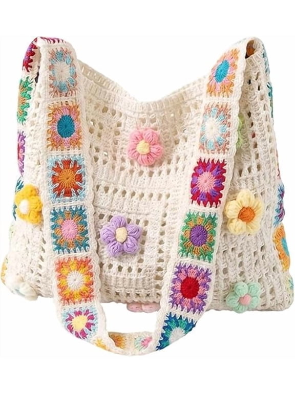Boho Crossbody Bag Crochet Purse - Hollow Out Knit Shoulder Tote for Women, Summer Beach Handbag Lightweight (White)
