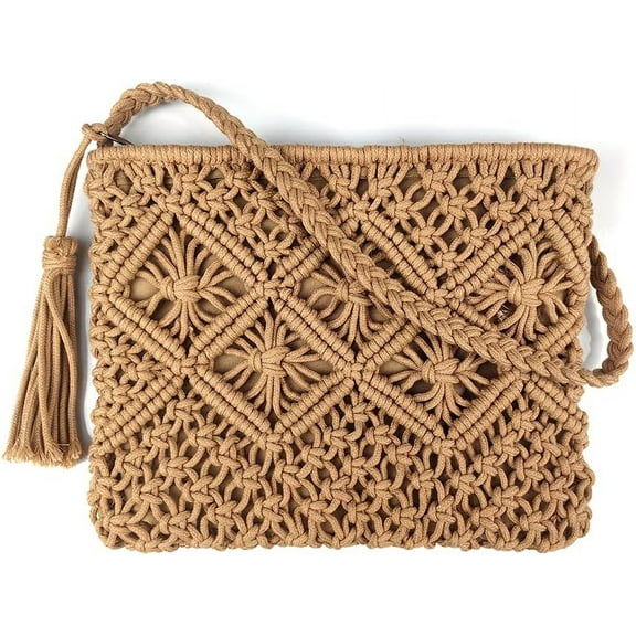 Boho Crossbody Handbag,Handwoven Cotton Rope Shoulder Bag,Summer Beach Clutches Bags for Women