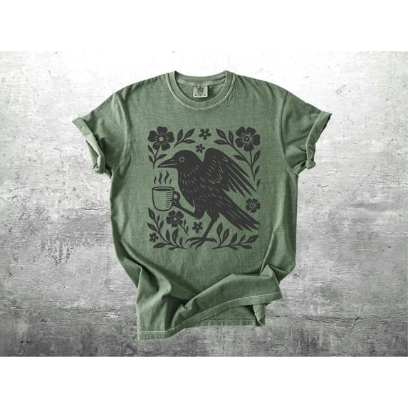 Boho Crow Shirt, Bird Coffee Lover, Oversize, Womens, Mens, T-shirt