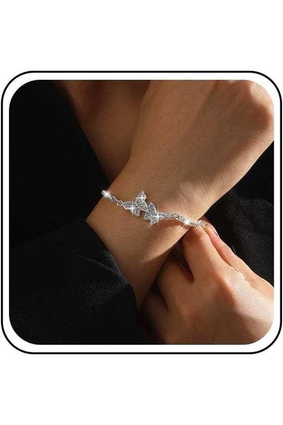 Boho Crystal Butterfly Bracelet Rhinestone Butterfly Chain Bracelet Silver CZ Tennis Bracelet Sparkle Cubic Zirconia Wedding Bracelet Jewelry for Women