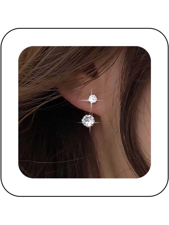 Boho Crystal Ear Jacket Earrings Silver Gemstone Stud Earrings Sparkling Cz Earrings Double Rhinestone Earrings Cz Front Back Earrings Jewelry for Women