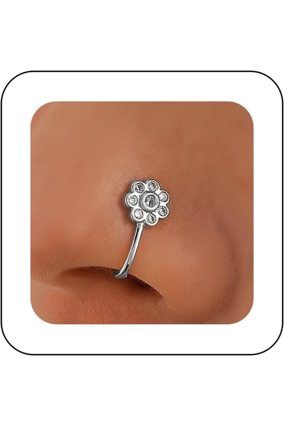 Boho Crystal Flower Nose Ring Gold Rhinestone Flower Nose Cuff CZ Flower Clip On Nose Ring Flower Fake Septum Ring No Piercing Bendable Nose Ring Stud Jewelry for Women