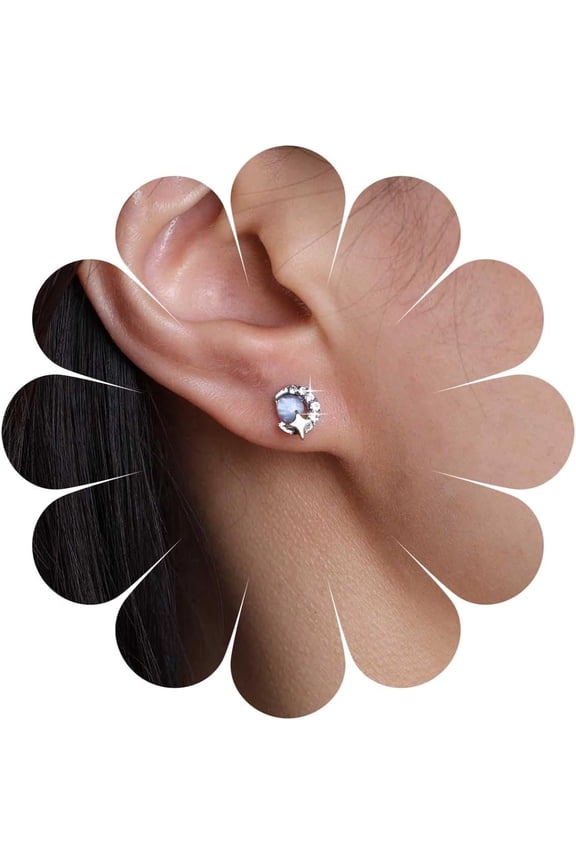 Boho Crystal Moon Earrings Tiny Cz Crescent Stud Earrings Moon Cat Eye Stone Earrings Small Moon Phase Earrings Silver Rhinestone Moon Earrings Jewelry for Women