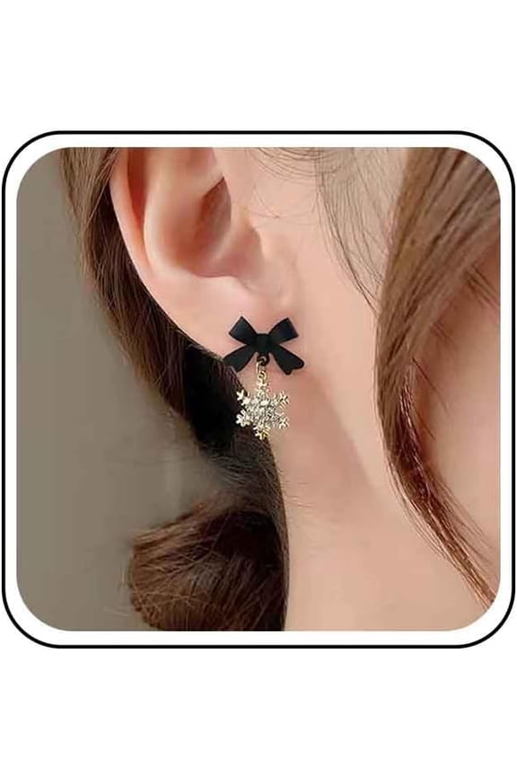 Boho Crystal Snowflake Bow Earrings Black Acrylic Bow Stud Earrings Rhinestone Snowflake Dangle Earrings Gold CZ Snowflake Drop Earrings Christmas Snowflake Earrings Jewelry for Women