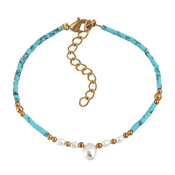 Boho Cultured White Pearl and Blue Turquoise Brass Beaded Bracelet