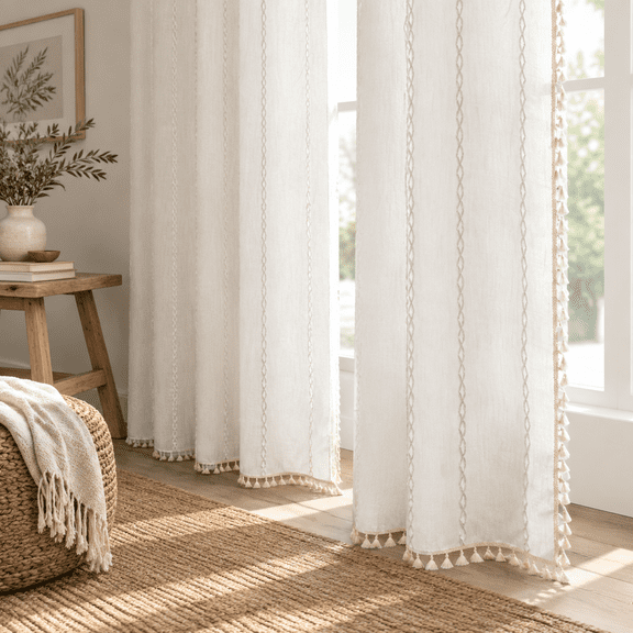 Boho Curta- Embroidery Linen Andton 63 Inch Length 2 Pannels For Living Room Creamlight Filtering Farmhouse With Rod Pocket Drape