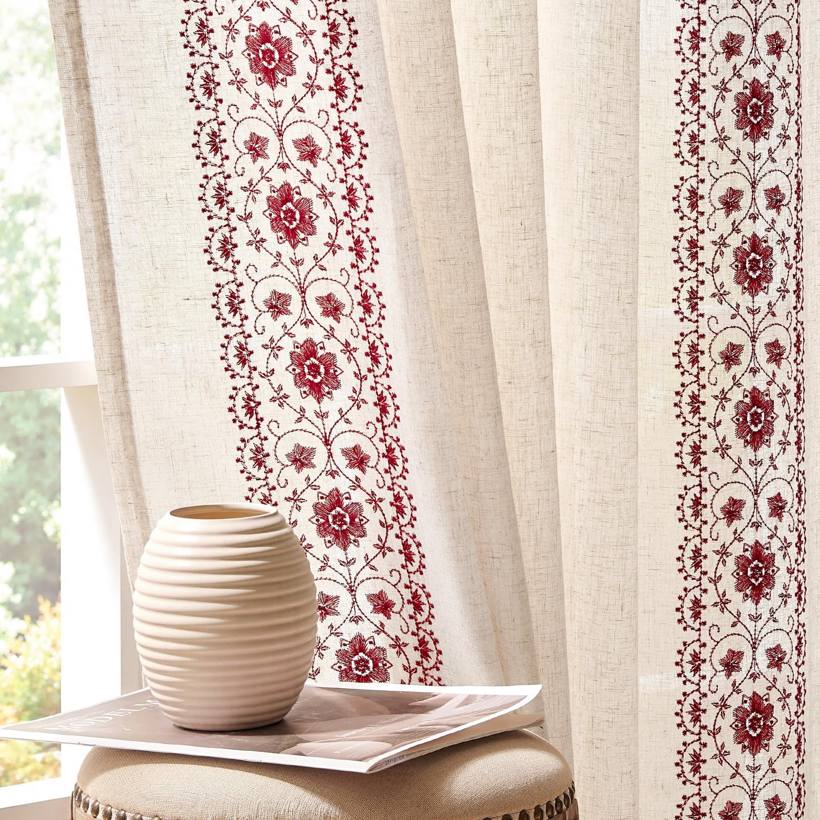 Boho Curtafor Bedroom Red Vintflfarmhouse 96 Inches Long Linen Blend ...