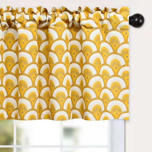 Boho Curtain Valances, Country Rustic Yellow Geometric Printed Window Topper Treatment, Rod Pocket Short Drapes for Kitchen Basement Cafe Closet, 52 x 18