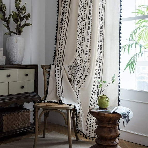 Boho Curtains 2 Panels for Bedroom,Black and White 84 Inch Length Curtains for Living Room,Farmhouse Geometric Tassels Rod Pocket Window Drapes for Dining Room