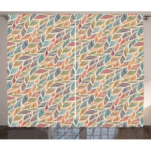 Ambesonne Boho Curtains 2 Panel Set, Abstract Feather Wave, 108" x 96", Multicolor