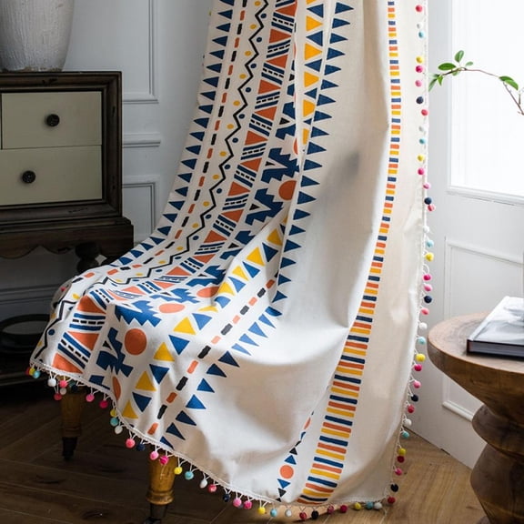 Boho Curtains for Bedroom 70-Inch Modern Farmhouse Cotton Linen Print Colorful Tassel Window Curtain Panels Semi-Transparent Geometric Trellis Draperies Living Room Decor