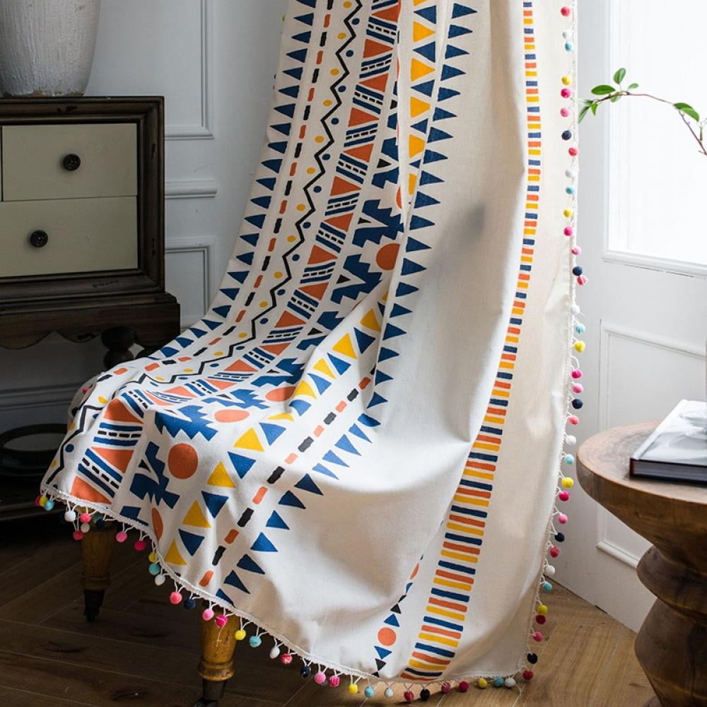 Boho Curtains for Bedroom 78-Inch Modern Farmhouse Cotton Linen Print Colorful Tassel Window Curtain Panels Semi-Transparent Geometric Trellis Draperies Living Room Decor