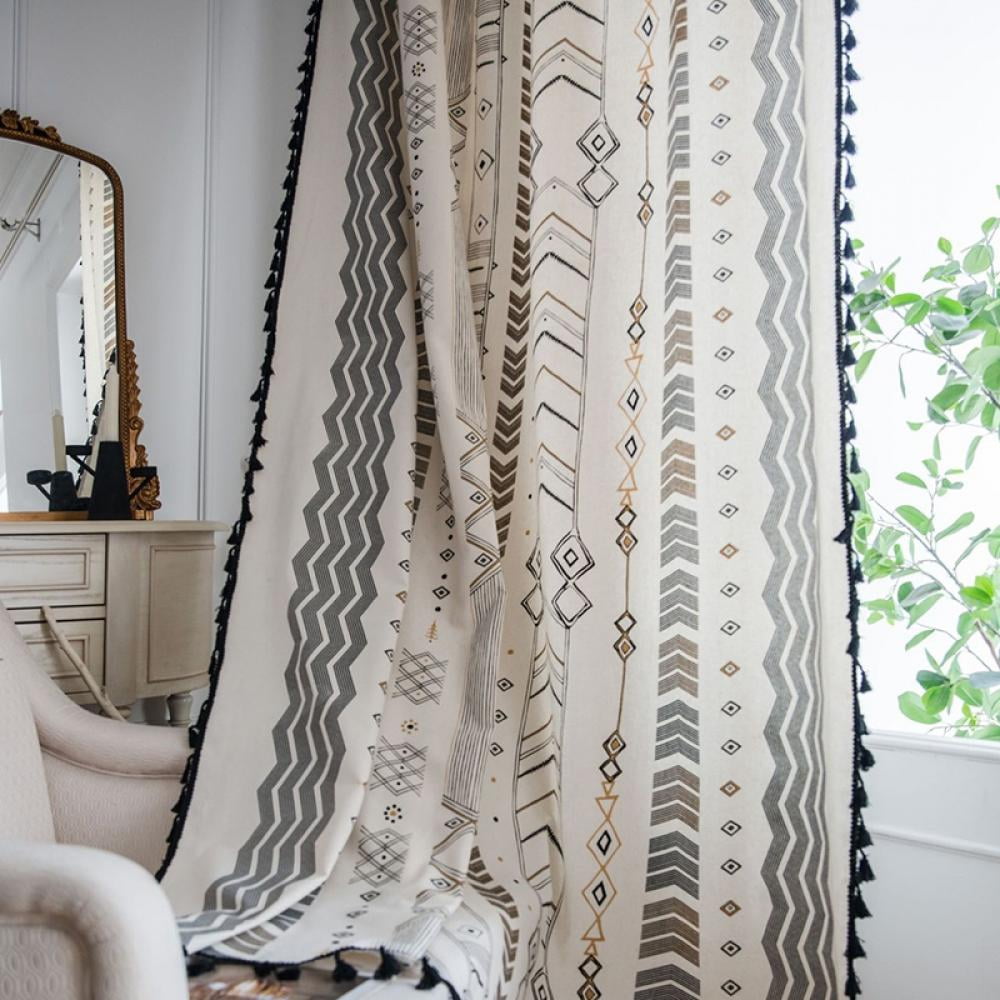 Boho Curtains for Bedroom, Cotton Linen Curtain with Tassels Geometric ...