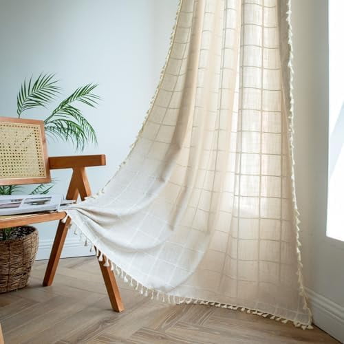 Boho Curtains for Bedroom Living Room 84 Inch Length, Vintage Plaid Curtains Farmhouse Vintage Chic Tassels Window Treatment Bohemian Drape, 1 Panel 52" W x 84" L, Light Coffee Plaids