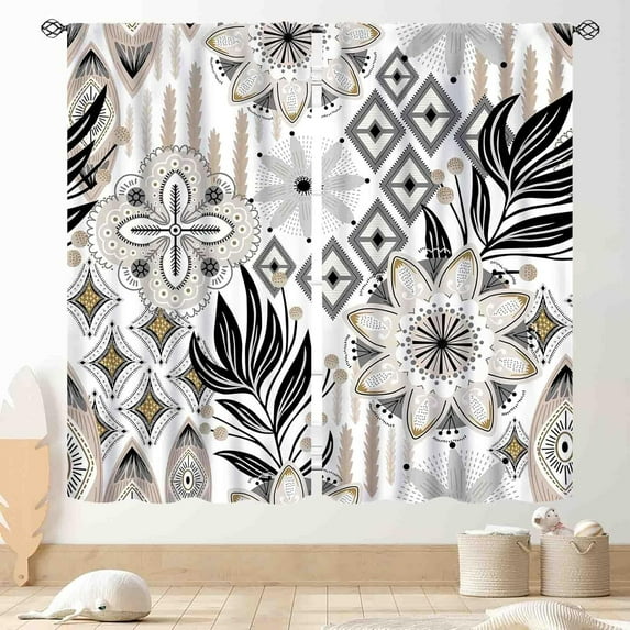 Boho Curtains for Bedroom, Retro Vintage Paisley Floral Mandala Indian Tropical Leaf Bohemian Chic Ikat Print Window Curtains for Bedroom Kitchen Bathroom 26"W x 45"L (Pack of 2)